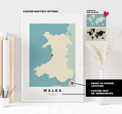 Wales Map Print - Personalised Map Gift - Framed or Canvas Options Available - Custom Text Options - Personalised Gift - UK and Counties