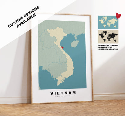 Vietnam Map Print - Personalised Map Gift - Framed or Canvas Options Available - Custom Text Options - Personalised Gift - Asia