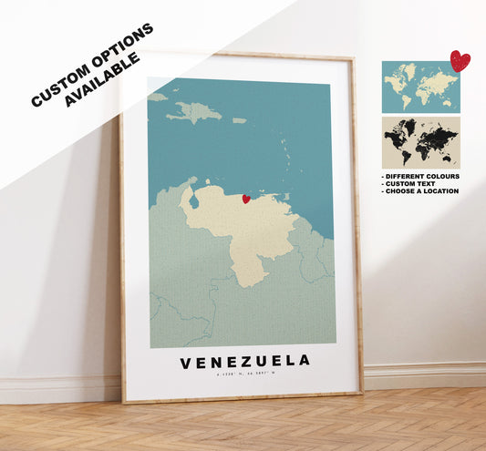 Venezuela Map Print - Personalised Map Gift - Framed or Canvas Options Available - Custom Text Options - Personalised Gift - South America