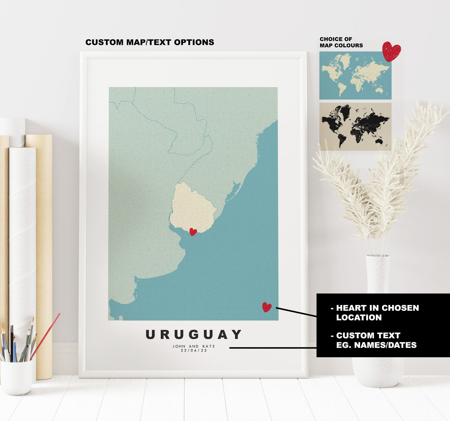 Uruguay Map Print - Personalised Map Gift - Framed or Canvas Options Available - Custom Text Options - Personalised Gift - South America