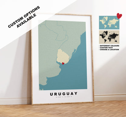 Uruguay Map Print - Personalised Map Gift - Framed or Canvas Options Available - Custom Text Options - Personalised Gift - South America