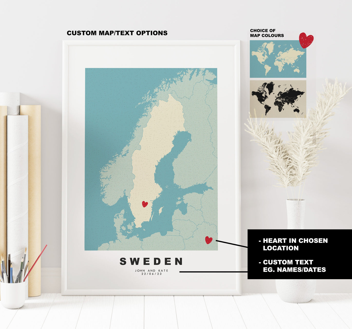 Sweden Map Print - Personalised Map Gift - Framed or Canvas Options Available - Custom Text Options - Personalised Gift - Europe