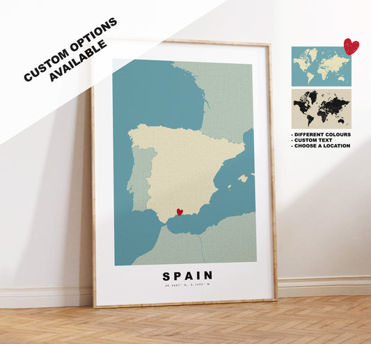 Spain Map Print - Personalised Map Gift - Framed or Canvas Options Available - Custom Text Options - Personalised Gift - Europe - Spain & Islands