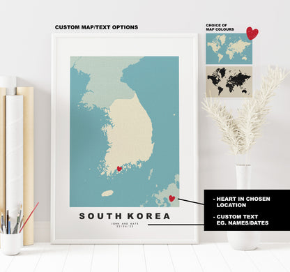 South Korea Map Print - Personalised Map Gift - Framed or Canvas Options Available - Custom Text Options - Personalised Gift - Asia