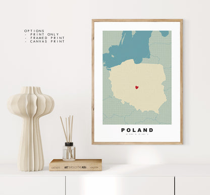 Poland Map Print - Personalised Map Gift - Framed or Canvas Options Available - Custom Text Options - Personalised Gift - Europe