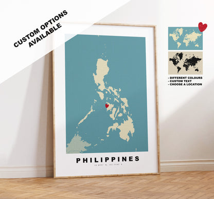 Philippines Map Print - Personalised Map Gift - Framed or Canvas Options Available - Custom Text Options - Personalised Gift - Asia