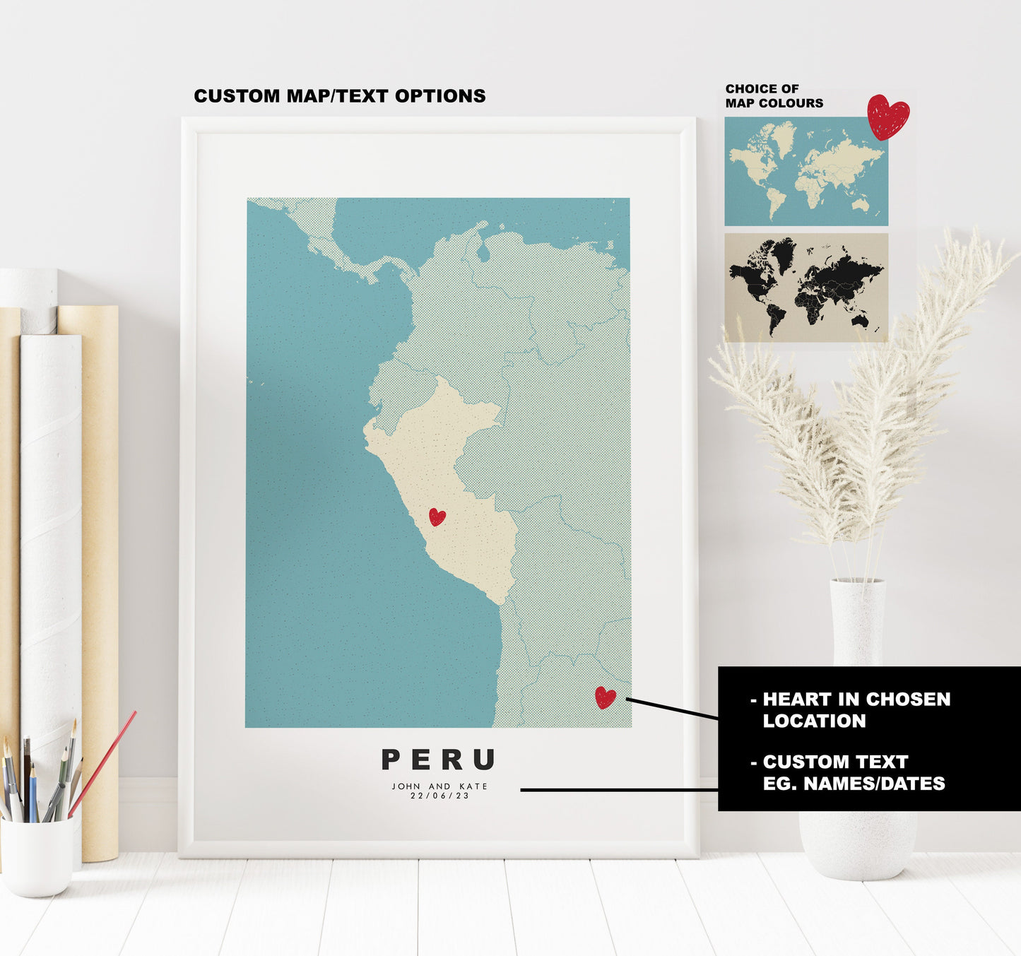 Peru Map Print - Personalised Map Gift - Framed or Canvas Options Available - Custom Text Options - Personalised Gift - South America