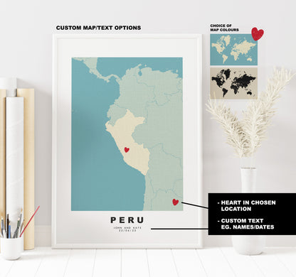 Peru Map Print - Personalised Map Gift - Framed or Canvas Options Available - Custom Text Options - Personalised Gift - South America