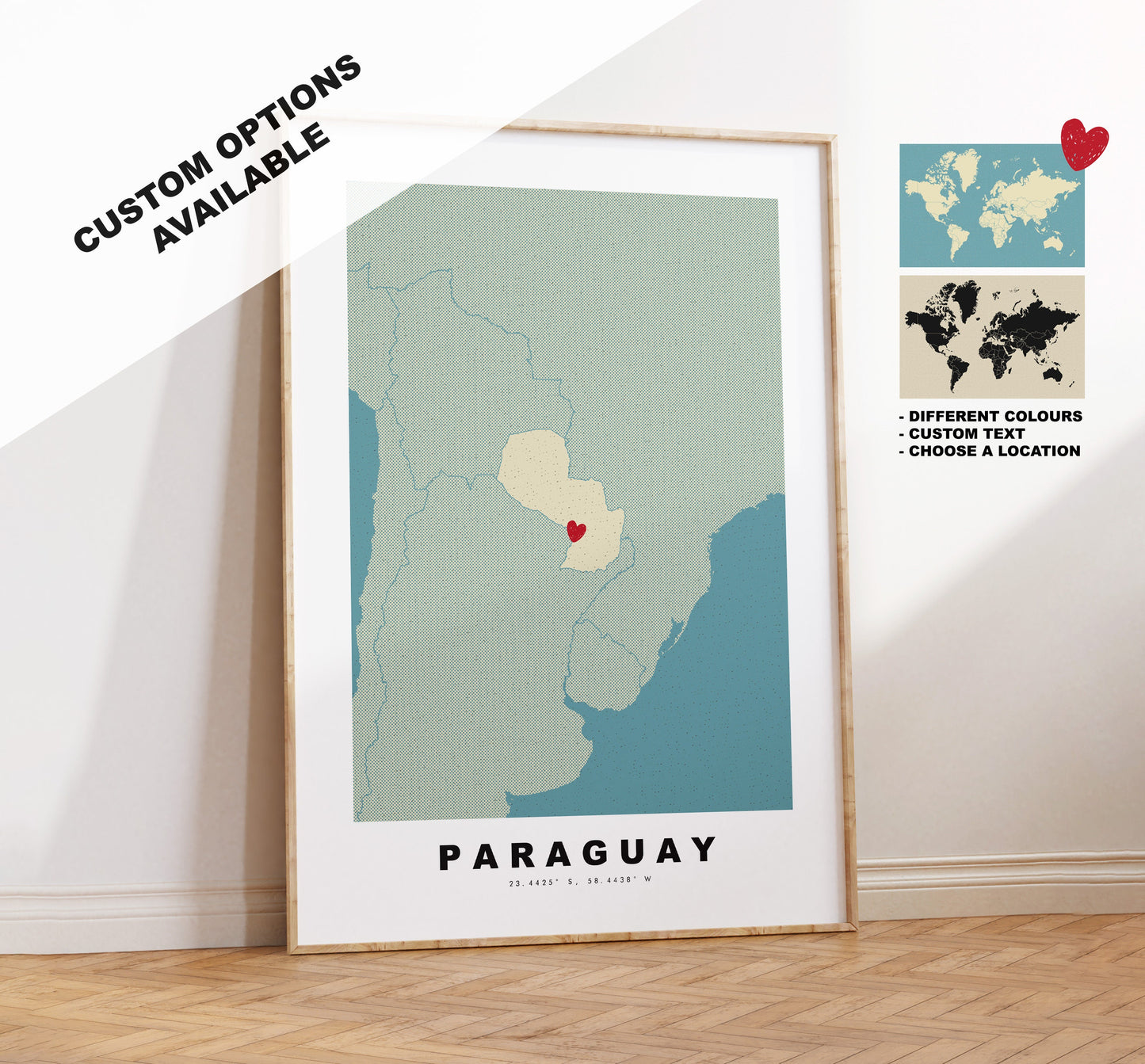 Paraguay Map Print - Personalised Map Gift - Framed or Canvas Options Available - Custom Text Options - Personalised Gift - South America