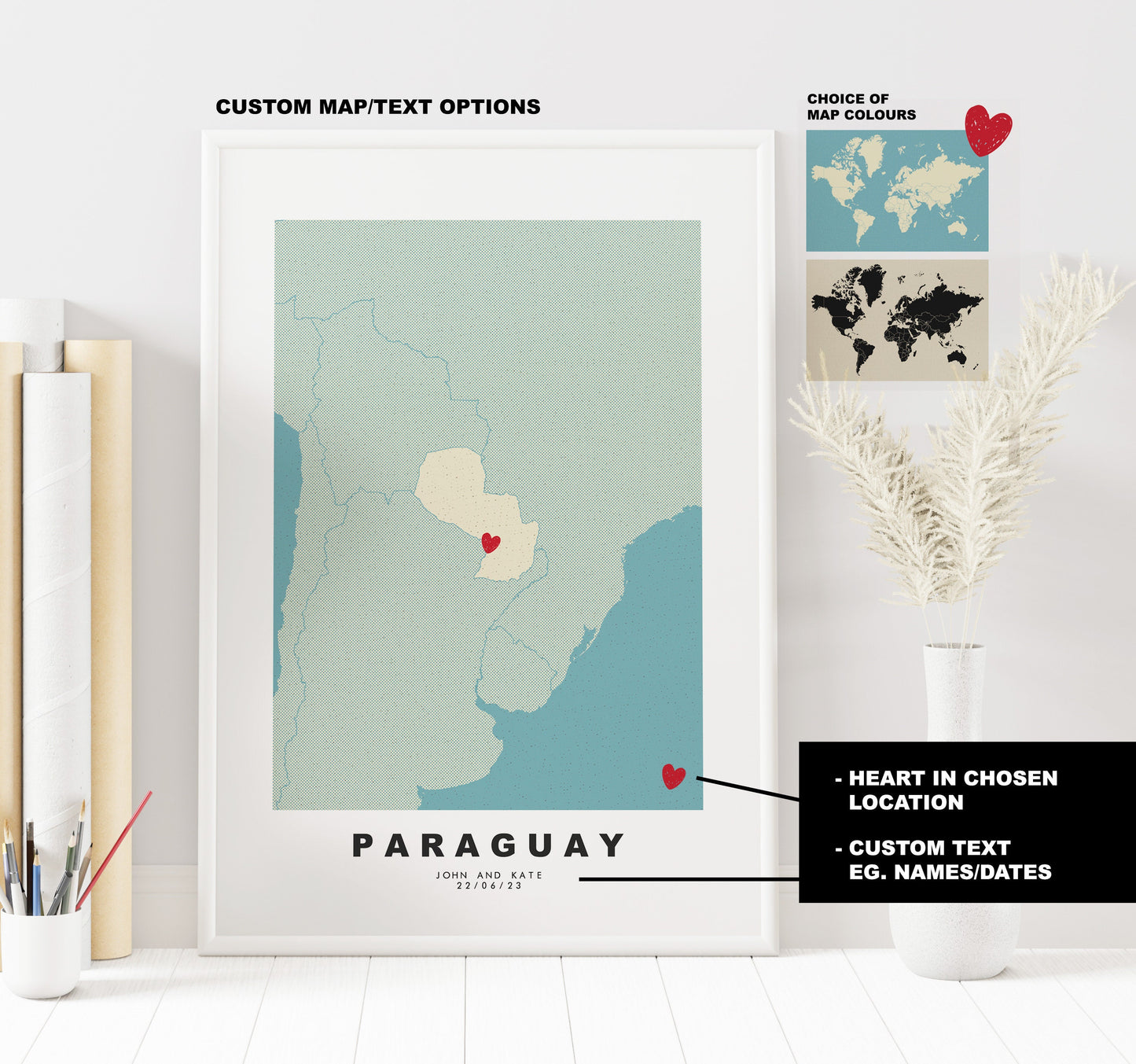 Paraguay Map Print - Personalised Map Gift - Framed or Canvas Options Available - Custom Text Options - Personalised Gift - South America