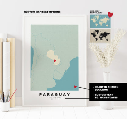 Paraguay Map Print - Personalised Map Gift - Framed or Canvas Options Available - Custom Text Options - Personalised Gift - South America