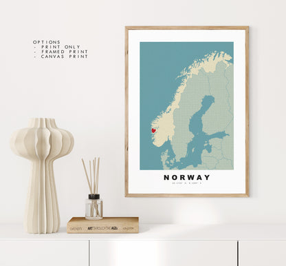 Norway Map Print - Personalised Map Gift - Framed or Canvas Options Available - Custom Text Options - Personalised Gift - Europe