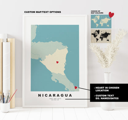 Nicaragua Map Print - Personalised Map Gift - Framed or Canvas Options Available - Custom Text Options - Personalised Gift - South America