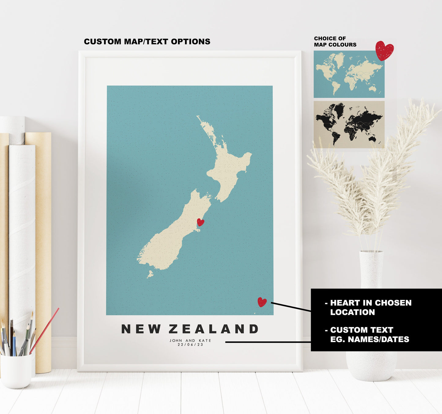 New Zealand Map Print - Personalised Map Gift - Framed or Canvas Options Available - Custom Text Options - Personalised Gift - Oceania