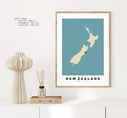 New Zealand Map Print - Personalised Map Gift - Framed or Canvas Options Available - Custom Text Options - Personalised Gift - Oceania