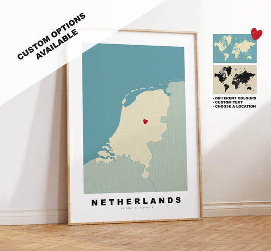 Netherlands Map Print - Personalised Map Gift - Framed or Canvas Options Available - Custom Text Options - Personalised Gift - Europe