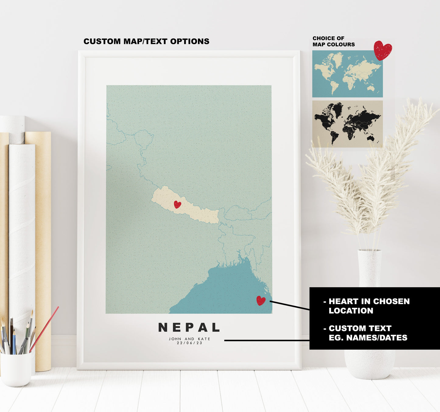 Nepal Map Print - Personalised Map Gift - Framed or Canvas Options Available - Custom Text Options - Personalised Gift - Asia