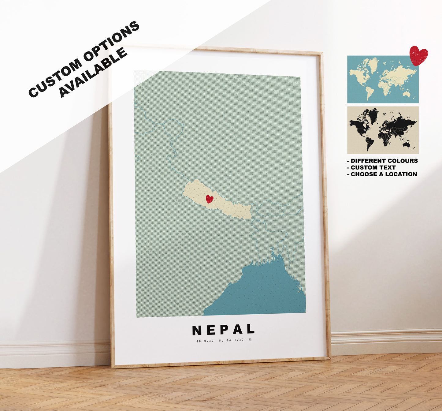 Nepal Map Print - Personalised Map Gift - Framed or Canvas Options Available - Custom Text Options - Personalised Gift - Asia