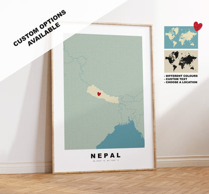 Nepal Map Print - Personalised Map Gift - Framed or Canvas Options Available - Custom Text Options - Personalised Gift - Asia