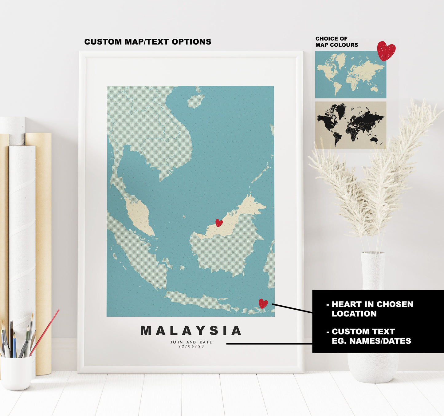 Malaysia Map Print - Personalised Map Gift - Framed or Canvas Options Available - Custom Text Options - Personalised Gift - Asia