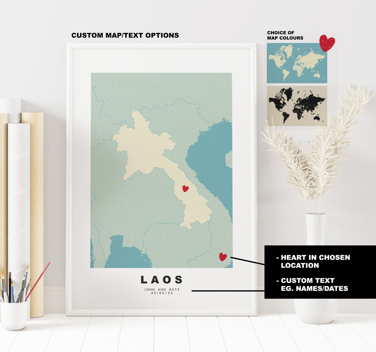 Laos Map Print - Personalised Map Gift - Framed or Canvas Options Available - Custom Text Options - Personalised Gift - Asia