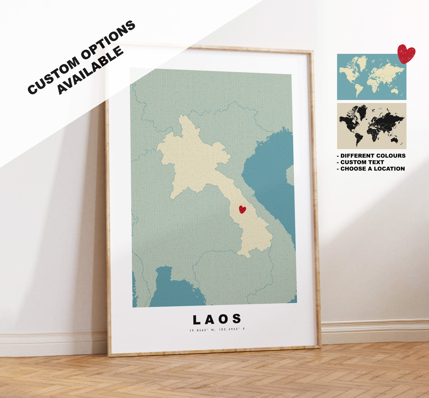 Laos Map Print - Personalised Map Gift - Framed or Canvas Options Available - Custom Text Options - Personalised Gift - Asia