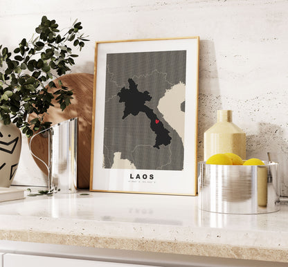 Laos Map Print - Personalised Map Gift - Framed or Canvas Options Available - Custom Text Options - Personalised Gift - Asia