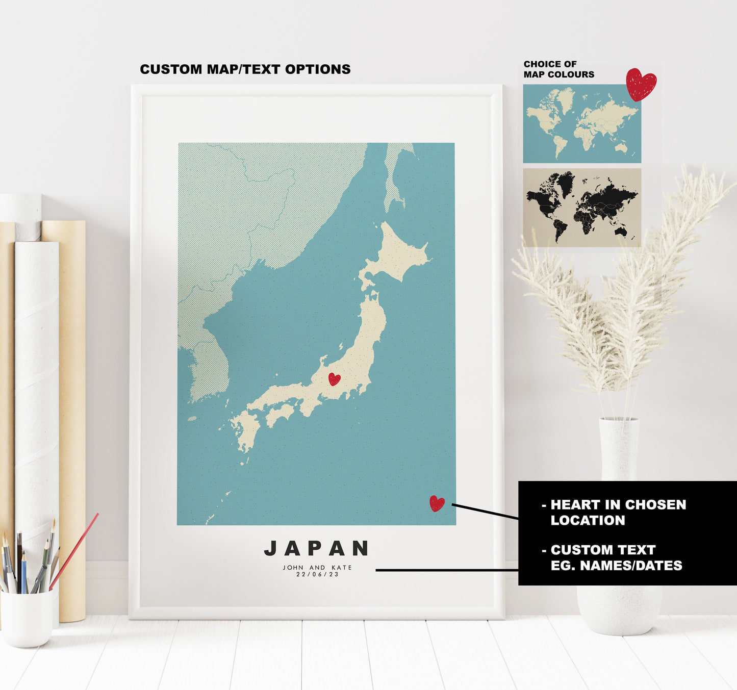 Japan Map Print - Personalised Map Gift - Framed or Canvas Options Available - Custom Text Options - Personalised Gift - Asia