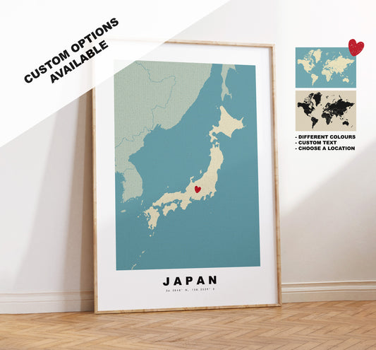 Japan Map Print - Personalised Map Gift - Framed or Canvas Options Available - Custom Text Options - Personalised Gift - Asia