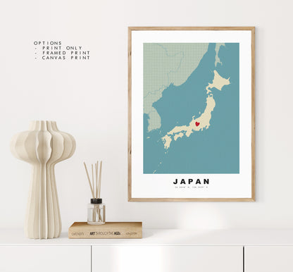 Japan Map Print - Personalised Map Gift - Framed or Canvas Options Available - Custom Text Options - Personalised Gift - Asia