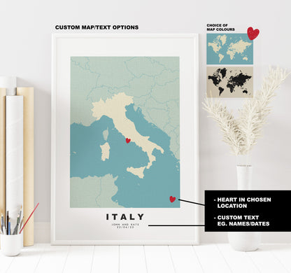 Italy Map Print - Personalised Map Gift - Framed or Canvas Options Available - Custom Text Options - Personalised Gift - Europe - Italy & Islands