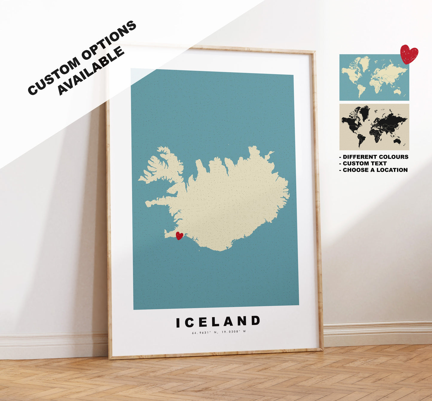 Iceland Map Print - Personalised Map Gift - Framed or Canvas Options Available - Custom Text Options - Personalised Gift - Europe