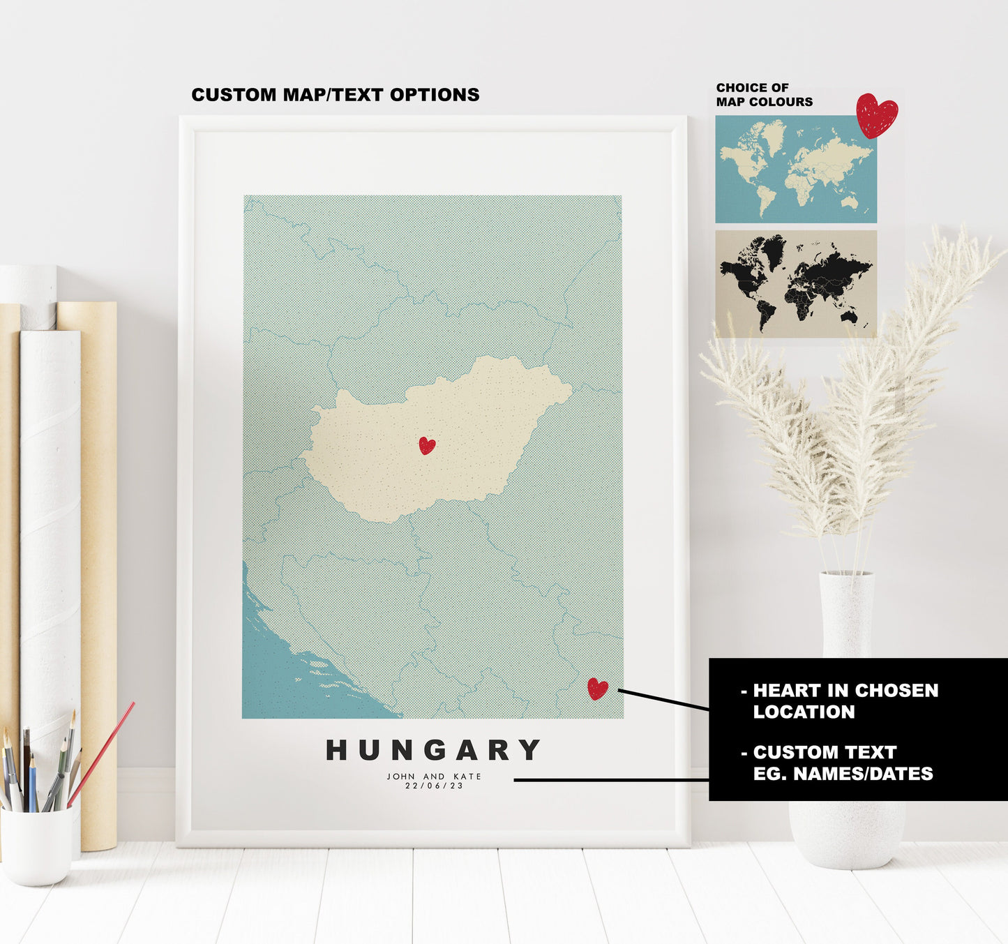 Hungary Map Print - Personalised Map Gift - Framed or Canvas Options Available - Custom Text Options - Personalised Gift - Europe