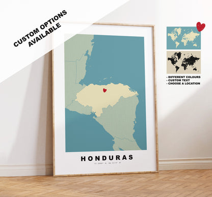 Honduras Map Print - Personalised Map Gift - Framed or Canvas Options Available - Custom Text Options - Personalised Gift - South America