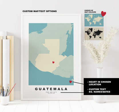 Guatemala Map Print - Personalised Map Gift - Framed or Canvas Options Available - Custom Text Options - Personalised Gift - South America