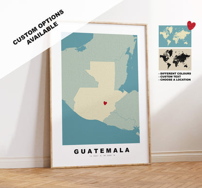 Guatemala Map Print - Personalised Map Gift - Framed or Canvas Options Available - Custom Text Options - Personalised Gift - South America