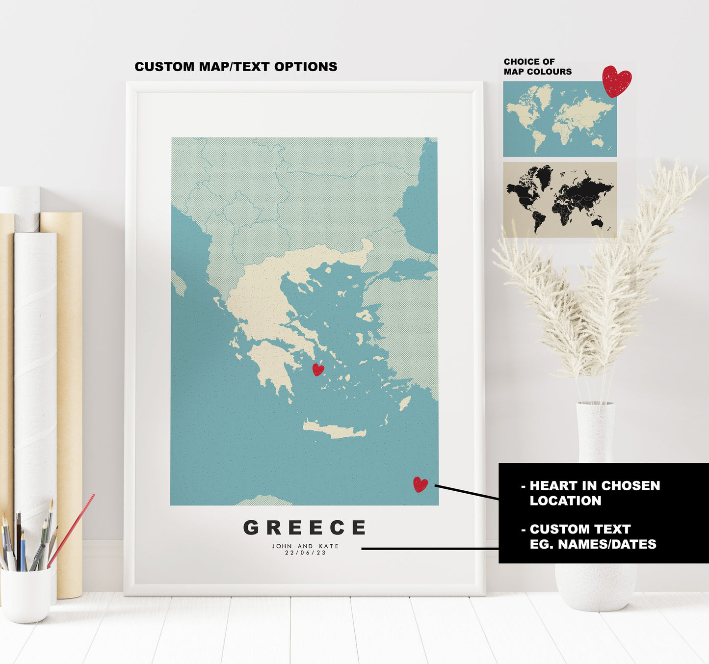 Greece Map Print - Personalised Map Gift - Framed or Canvas Options Available - Custom Text Options - Personalised Gift - Europe - Greece & Islands