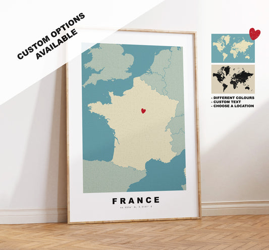 France Map Print - Personalised Map Gift - Framed or Canvas Options Available - Custom Text Options - Personalised Gift - Europe