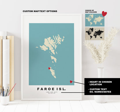 Faroe Islands Map Print - Personalised Map Gift - Framed or Canvas Options Available - Custom Text Options - Personalised Gift - Europe