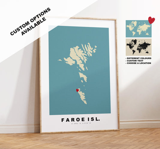 Faroe Islands Map Print - Personalised Map Gift - Framed or Canvas Options Available - Custom Text Options - Personalised Gift - Europe