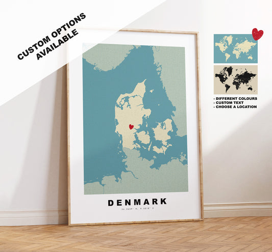 Denmark Map Print - Personalised Map Gift - Framed or Canvas Options Available - Custom Text Options - Personalised Gift - Europe