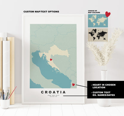 Croatia Map Print - Personalised Map Gift - Framed or Canvas Options Available - Custom Text Options - Personalised Gift - Europe