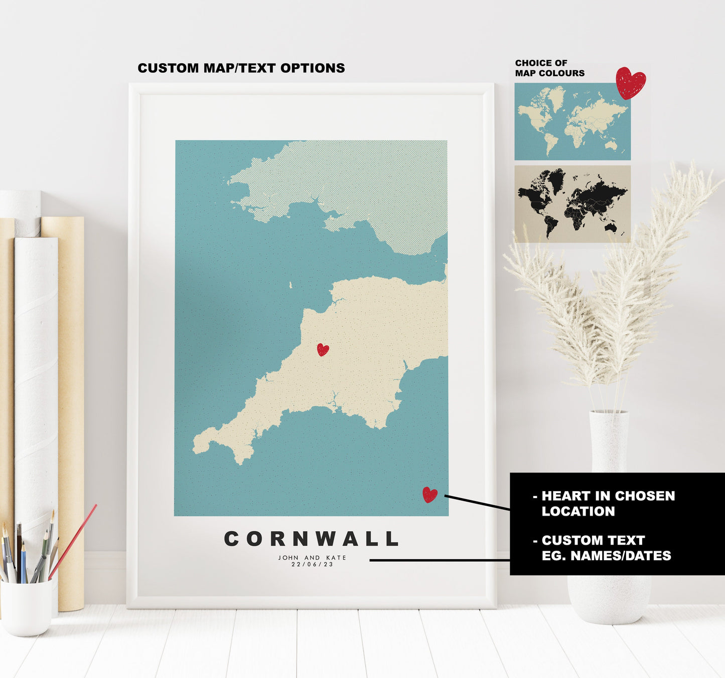 Cornwall Map Print - Personalised Map Gift - Framed or Canvas Options Available - Custom Text Options - Personalised Gift - UK and Counties