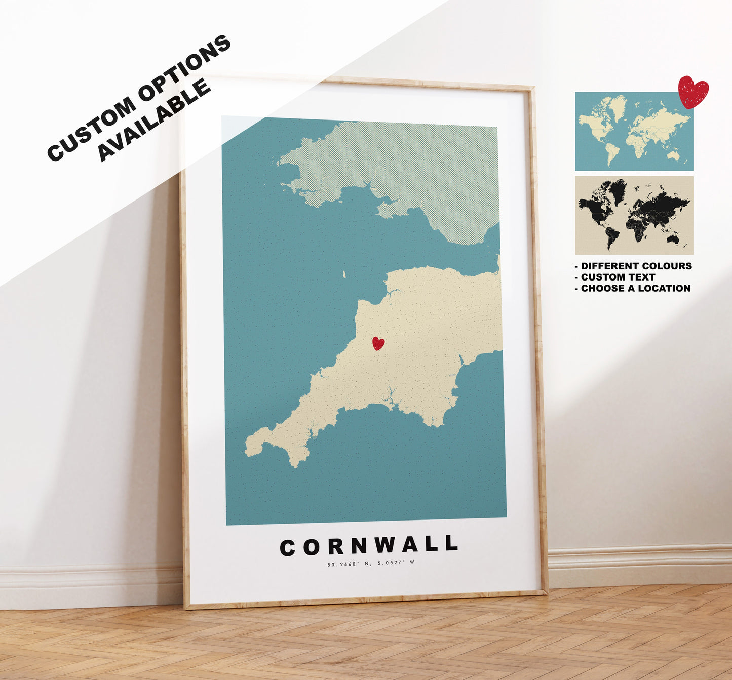 Cornwall Map Print - Personalised Map Gift - Framed or Canvas Options Available - Custom Text Options - Personalised Gift - UK and Counties