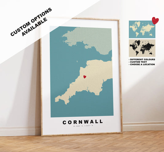 Cornwall Map Print - Personalised Map Gift - Framed or Canvas Options Available - Custom Text Options - Personalised Gift - UK and Counties