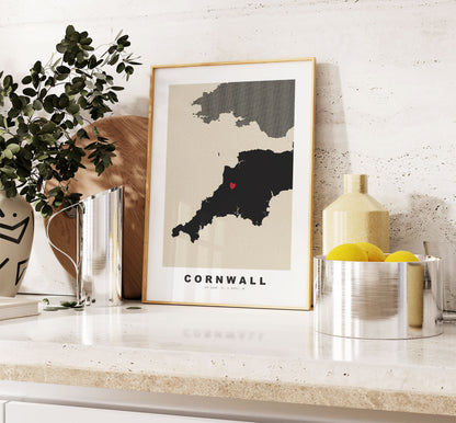 Cornwall Map Print - Personalised Map Gift - Framed or Canvas Options Available - Custom Text Options - Personalised Gift - UK and Counties