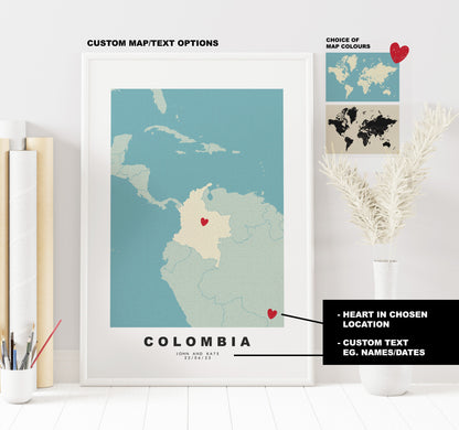 Colombia Map Print - Personalised Map Gift - Framed or Canvas Options Available - Custom Text Options - Personalised Gift - South America