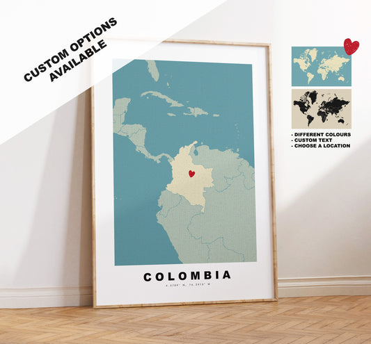 Colombia Map Print - Personalised Map Gift - Framed or Canvas Options Available - Custom Text Options - Personalised Gift - South America