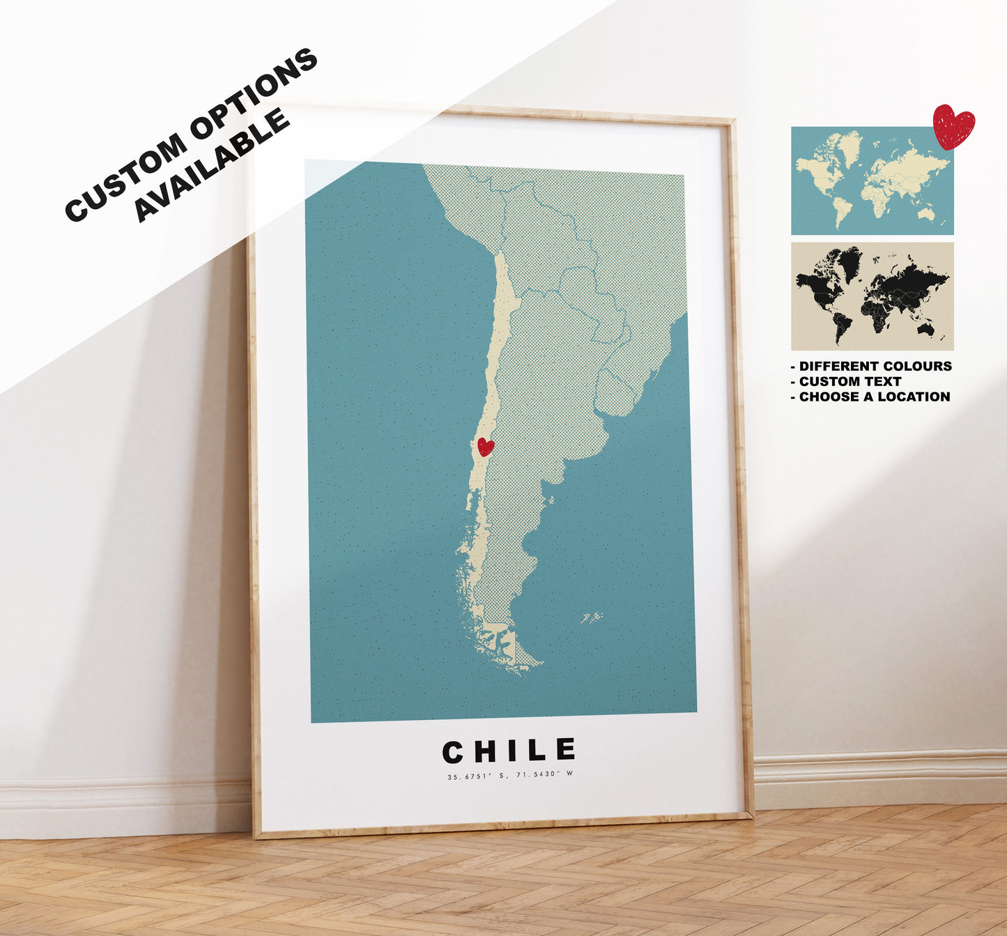 Chile Map Print - Personalised Map Gift - Framed or Canvas Options Available - Custom Text Options - Personalised Gift - South America