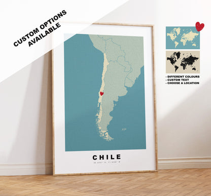 Chile Map Print - Personalised Map Gift - Framed or Canvas Options Available - Custom Text Options - Personalised Gift - South America